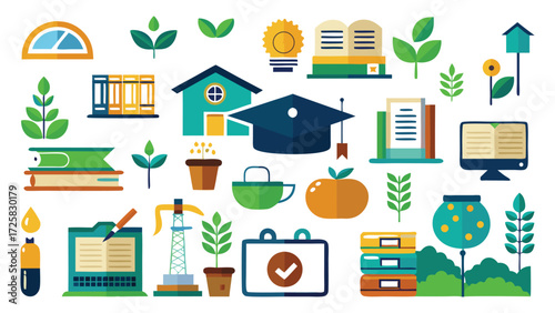 Assortment of Flat Design Icons for Education, Gardening, and Business Concepts. Including education, learning, and school illustration. 