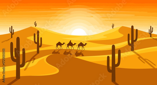 A vibrant illustration of a desert landscape with sand dunes, cacti, and camels under a warm sunset.