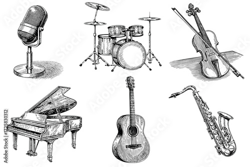 Musical instruments set in vintage monochrome drawing