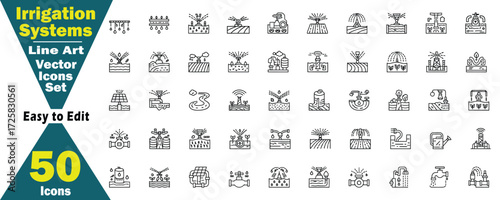 Irrigation Systems and Agriculture farming Line Art Vector Icons Set. Including management, technology, equipment, tools, icons, set, collection, vector, illustration.