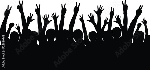 Silhouette crowd vector, raised hands illustration, peace sign gesture, protest unity concept, black people silhouettes, social movement art, celebration scene