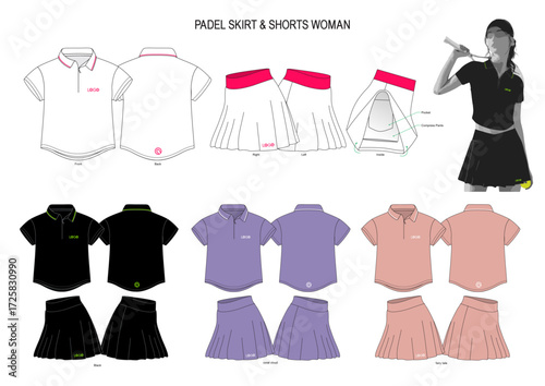 Flat sketch of women’s padel skirt and shorts outfit with polo shirt. Sporty, stylish, and comfortable design perfect for tennis, padel, and activewear fashion templates for apparel industry.