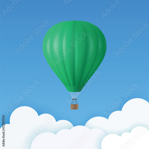 Vector Travel Banner with 3d Realistic Green Hot Air Balloon Icon on a Blue Sky Background. Design Template, Summer Vacation, Travelling, Tourism and Journey Concept