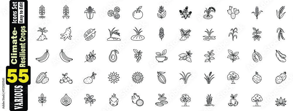 Obraz premium Climate Resilient Crops Icons Set. Various Fruits, Vegetables, and Grains agriculture, farming, food, healthy, organic, plant, vegetable, fruit, grain, harvest, growth, nature, illustration. 