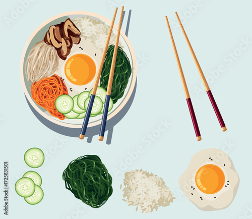 A captivating vector square poster featuring a delicious lunch or breakfast meal rendered in an authentic Asian style. This minimalist and appetizing design is perfect for restaurant menus, food blogs