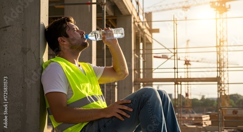 Construction worker hydration break on site drinking water safety vest in hot weather for health and wellness