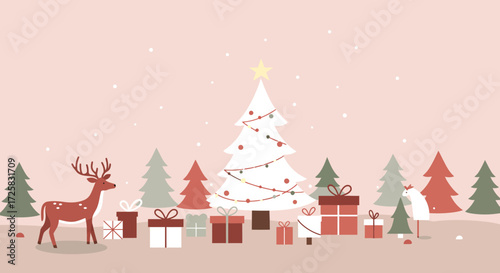 Winter celebration scene with Christmas trees, reindeer, and Santa Claus on a holiday card