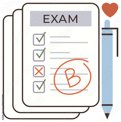 Graded exam paper with checkmarks, a B grade in red, and a pen alongside. Ideal for assessment, education, progress, feedback, learning evaluation grading academic success. Simple flat metaphor