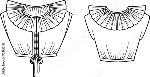 Trendy ruffle crop top fashion sketch, modern blouse design, stylish women’s clothing template, fashionable apparel illustration for designers