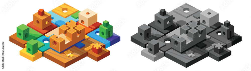 Obraz premium Colorful and Gray Isometric Building Blocks Puzzle Pieces Arranged Together construction
