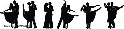 Silhouette dance couples, ballroom pose, romantic movement, elegant choreography, partner dancing, vector illustration, black figures, graceful motion, artistic expression, stock content