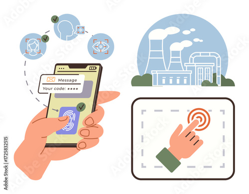 Hand using smartphone for biometric authentication and verification. Industrial plant, facial and fingerprint recognition. Ideal for security, technology, digital identity, safety, industry, data