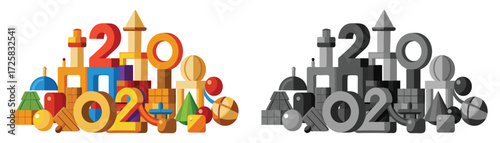 Wooden building blocks forming abstract structures and numbers, Colorful and grayscale shapes. Including wooden toys, children's toys, educational toys, construction, play, creativity, aillustration. 