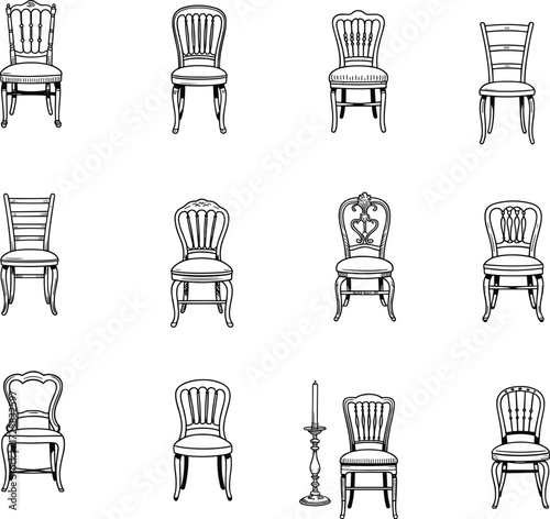 Vintage and Classic Wooden Chairs Collection, Elegant Antique Chair Designs, Interior Decor Inspiration, Furniture Set Illustration, Line Art Drawing