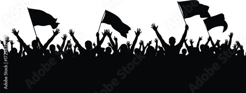 Silhouette crowd, raised hands, waving flags, protest vector, unity illustration, political rally, people gathering, freedom movement, demonstration art, social activism