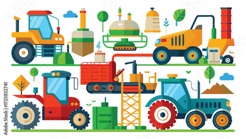 Agricultural Machinery and Industrial colorful Equipment set. Collection tractor, combine harvester, industrial, farm, machinery, equipment, harvest, farming, rural, technology, vehicle illustration. 