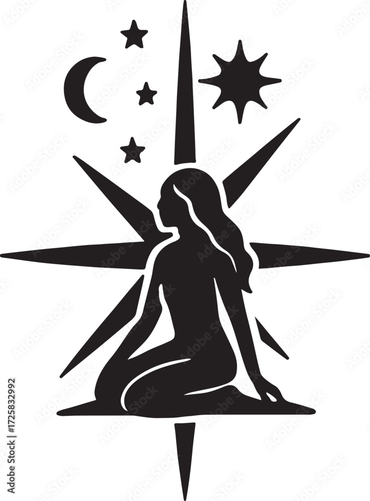 Fototapeta premium Celestial compass silhouette vector illustration isolated on white background for mystical and design use