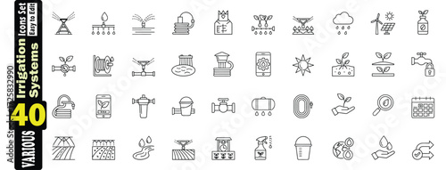 Irrigation Systems and Agricultural Water Management line art icons set. These vector pictograms of a technology, equipment, tools, icons, set, collection, illustration,