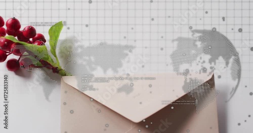 Envelope receiving red berry sprig after map overlay emerging, shifting to highlight global network