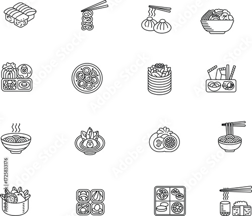 Asian food icons collection, dumplings, sushi, ramen, noodles, dim sum, bento boxes, chopsticks, outline style, culinary symbols set