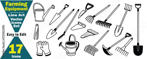 Farming Equipment Line Art Vector Icons Set (3). Agricultural Tools and Garden Implements, spade, rake, fork, hoe, trowel, watering can, bucket, gloves, garden tools, farming equipment, illustration. 