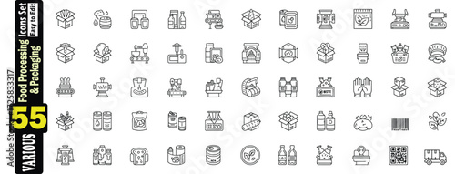 Food Processing and Packaging Icons Set. 55 Various Elements vector in a barrel, liquid, bottle, conveyor belt, machine, mixer, blender, grinder, can, jar, bread, fruit,  illustration