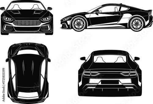 Sports car vector illustration, front view, side view, top view, rear view, black and white silhouette, automotive design, vehicle blueprint, editable layout
