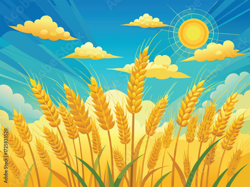 Golden Wheat Field.  Under a Bright Sunny Sky with Fluffy Clouds, agriculture harvest, summer, nature, landscape, rural, organic, food, growth, farming, vector illustration. 