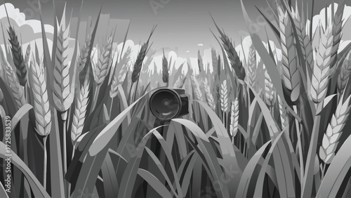 Grayscale close-up of a camera in a wheat field with muted tones of agricultural technology. These vector pictograms of a field, crop, farming, rural, nature, sky, grayscale, monochrome, illustratio. 