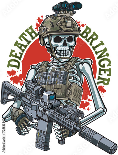 Human skeleton wearing military gear and helmet and holding assault rifle