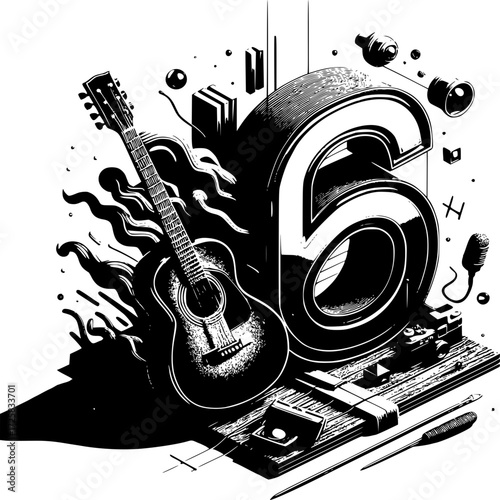 Musical Number Six: Artistic black and white illustration featuring a detailed acoustic guitar accompanied by the bold number 6, amidst other musical elements such as speakers and books.