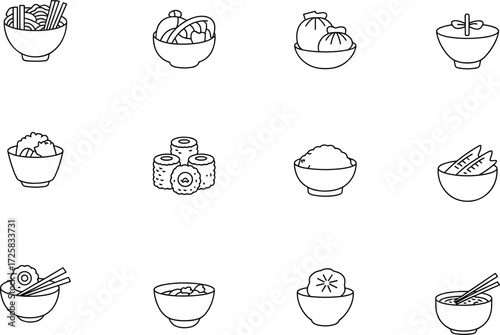 Asian food illustration set, noodle bowl drawing, sushi rolls, dumplings sketch, rice bowl art, ramen soup, traditional cuisine artwork