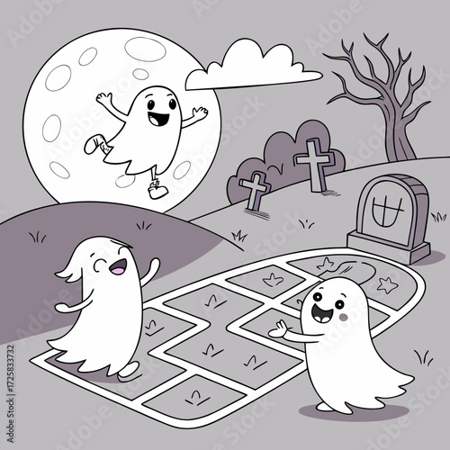 Ghost Children Playing Hopscotch Halloween Coloring Page