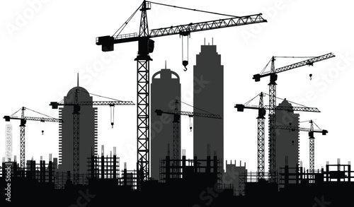 Urban construction site with tower cranes, high-rise buildings, scaffolding, city development, architecture progress, skyline growth, engineering, infrastructure, modern city expansion