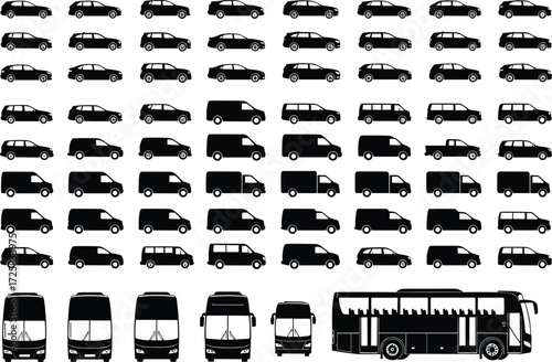 Vehicle silhouette icons, side view transport vector, sedan, SUV, van, pickup, truck, bus, commercial fleet, black graphic, transportation set