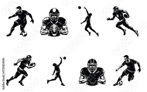 Dynamic silhouette collection of athletes in action representing various sports including football soccer and basketball