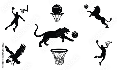 Dynamic silhouette collection of athletic animals and humans playing basketball against a white background