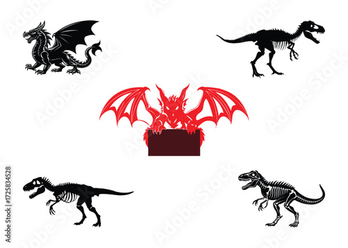 Dragon and dinosaur skeletons silhouette collection on white background for fantasy and prehistoric themes