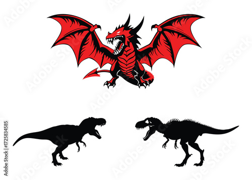  Red dragon with open wings hovering above two silhouetted tyrannosaurus rex dinosaurs facing each other