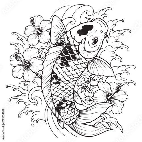 Artistic koi fish with flowers decorative illustration