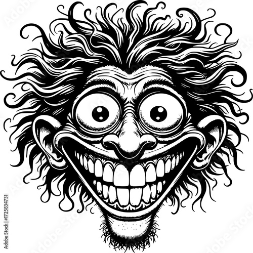 Crazy Caricature: A comical, black-and-white illustration showcases a wildly grinning face with exaggerated features, radiating playful absurdity and humorous expression.