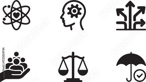A set of minimalist glyph icons representing core business values, including strategy, justice, community, and corporate ethics