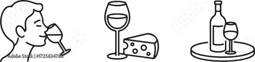 Collection of minimalist wine and cheese icons. Outline symbols for tasting, sommelier, and appetizer concepts on a white background