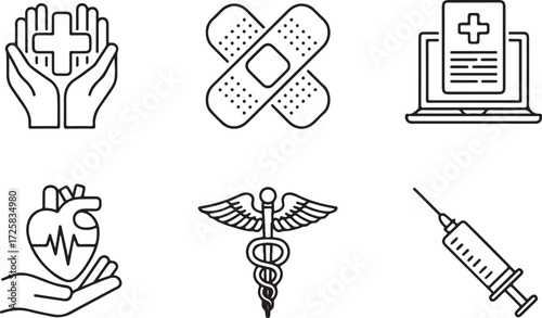 A clean and minimalist set of medical and healthcare line icons representing first aid, cardiology, vaccination, and digital health services