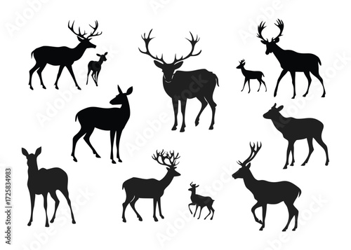 Collection of diverse black deer silhouettes including stags with antlers and fawns on a clean white background