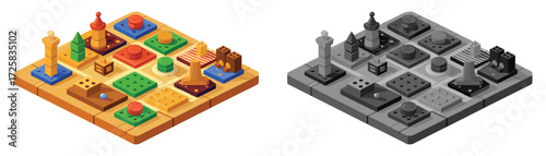 Wooden dice, Isometric, colorful, and grayscale board game pieces. These vector pictograms of a pawn, king, queen, bishop, rook, knight, abstract illustration. 