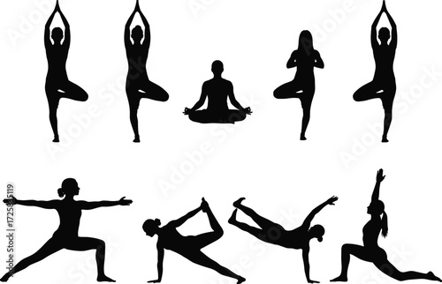 Yoga silhouettes, meditation pose, warrior stance, tree posture, fitness vector, healthy lifestyle, body balance, wellness icon, spiritual exercise, calm mind