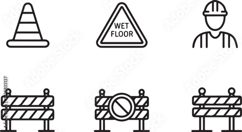 Collection of construction and safety icons including traffic cones, wet floor signs, safety vests, and barricades