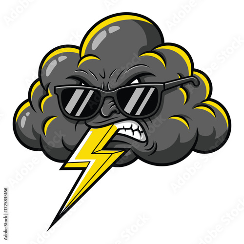Grumpy storm cloud character with sunglasses and lightning bolt