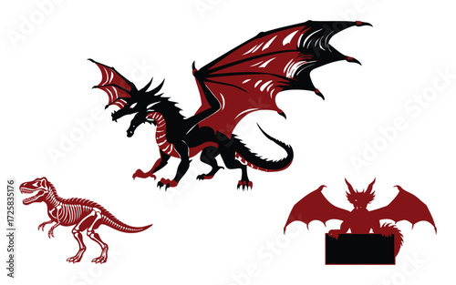Fantasy creatures including a large red winged dragon a dinosaur skeleton and a small red bat like creature on white background